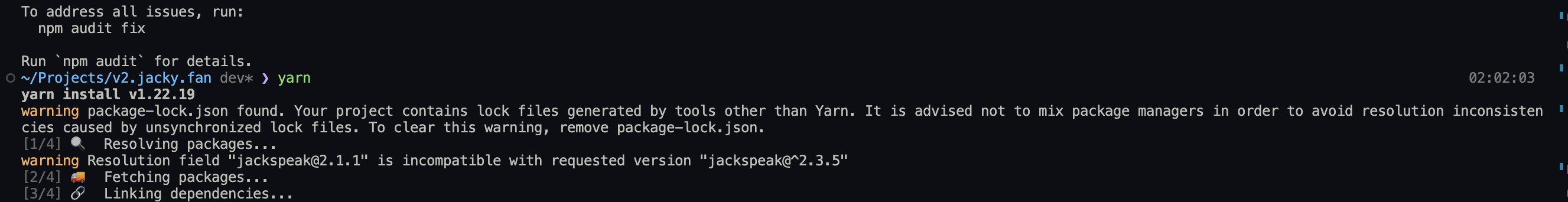 Yarn warning about mixing package managers